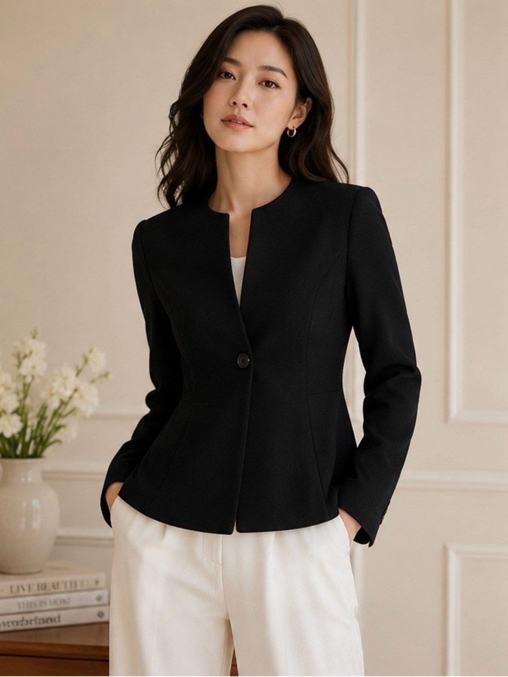Sensuous 100% Wool Black Collarless Fitted Blazer Jacket Korean Vintage
